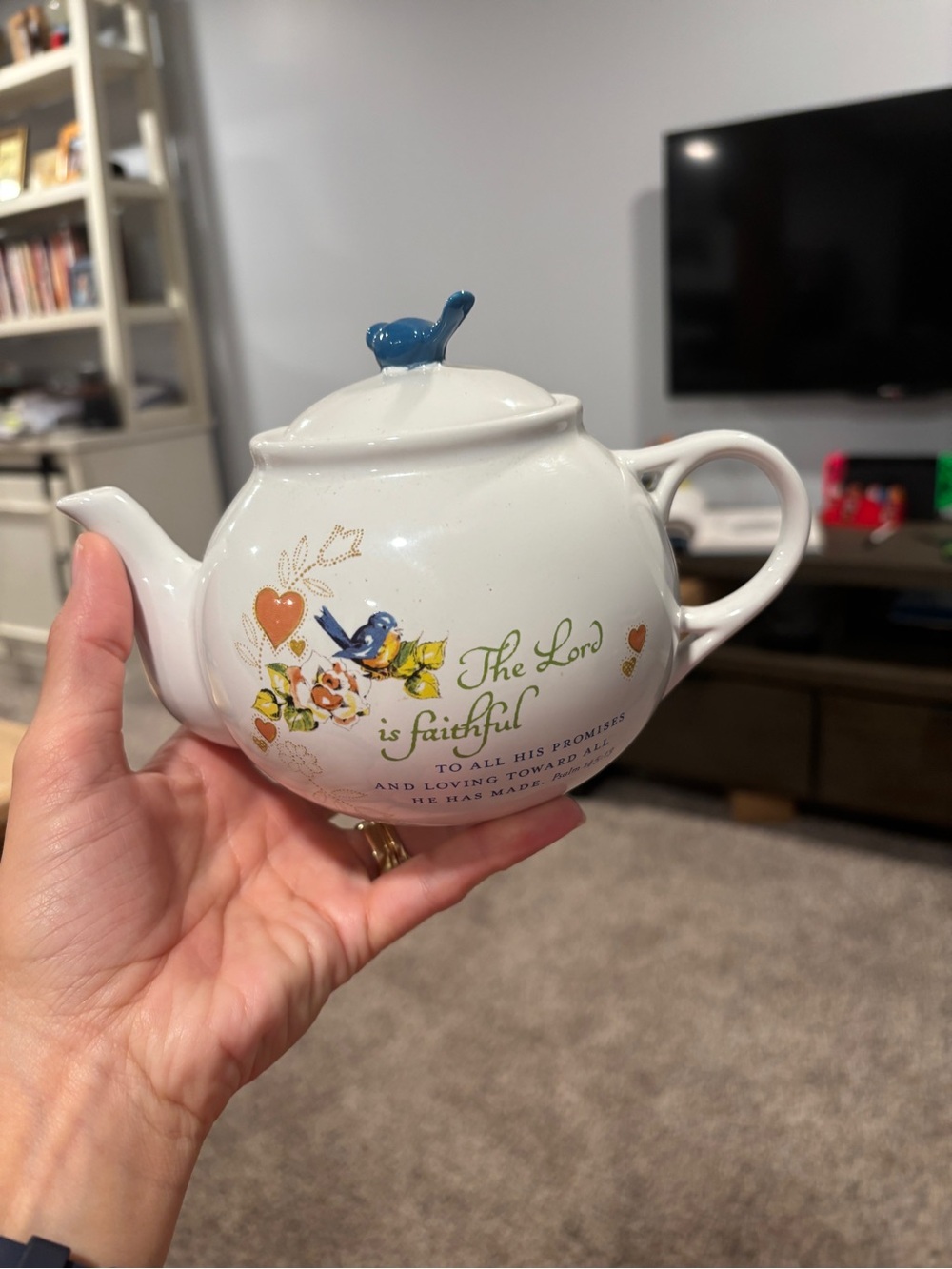 White Ceramic Teapot with Blue Bird Lid and Faith-Inspired Design